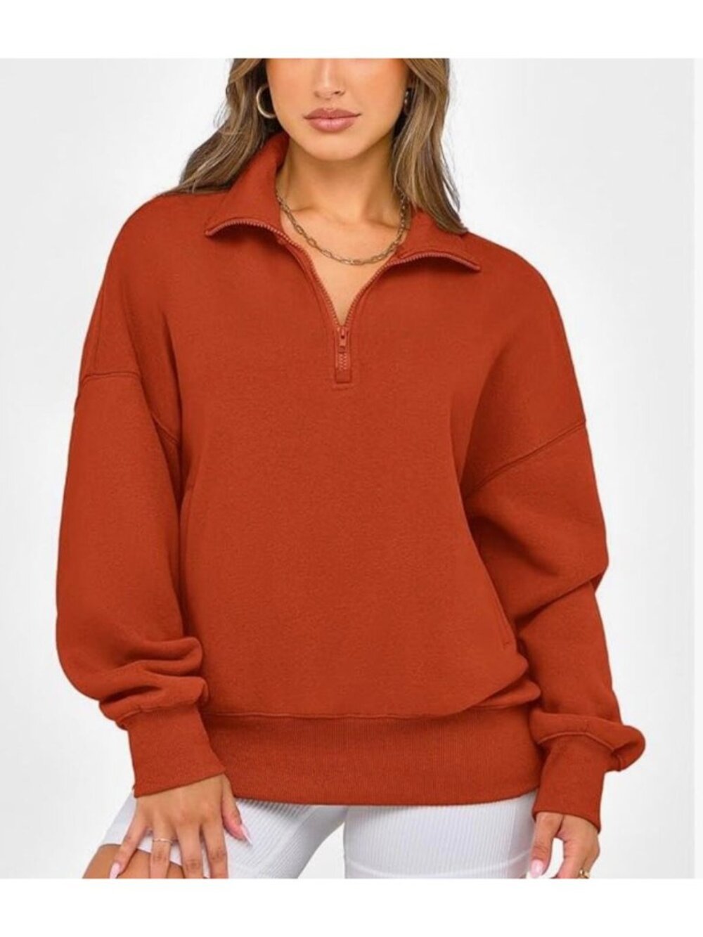 NWT Pretty Garden Brick Red Quarter-Zip Oversized Sweatshirt M Soft Cozy Preppy - Picture 9 of 9